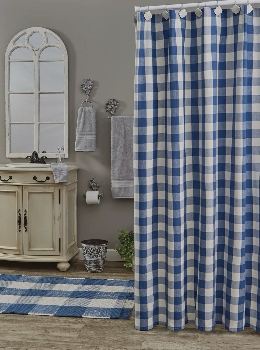 Wicklow China Blue White Check Country Farmhouse Cotton Shower Curtain NWT